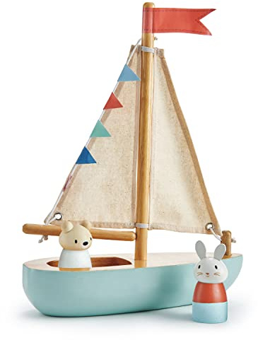 Tender Leaf Toys - Sailaway Boat - Educational Wooden Sailing Boat Play Set with 2 Animal Figures for Kids, Promotes Imaginative Play and Fine Motor Skills, Ship Toy Set for Boys and Girls - Age 3+