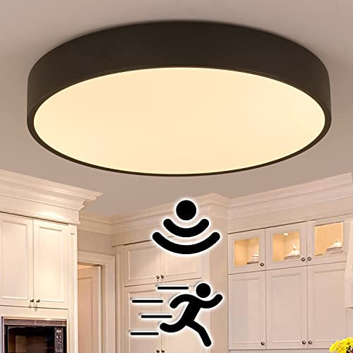 LED Deckenleuchte mit Bewegungsmelder Warmweiß 18W Moderne Flur Deckenlampe mit Radar Bewegungssensor Schwarz Metall Flach Decke Lampe Innen Runde Sensorleuchte für Balkon Veranda Küche BüRo Garage