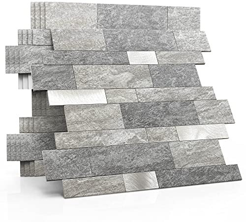 M MOFIT 3d Selbstklebende Wandfliesen Küche,Matte Marmor Mosaikfliesen Selbstklebend Steinoptik Metro Fliesen Ziegel Wandaufkleber Bad Wasserdichte(10 Matten,Grau）