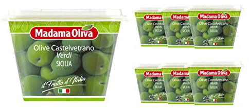 MADAMA OLIVA, Olive Castelvetrano Dolci Verdi, Sapore Unico e Fruttato, Snack Ideali per Antipasti a Base di Formaggi e Salumi, Insalate Verdi, 100% Made in Italy, 6 x 250 gr