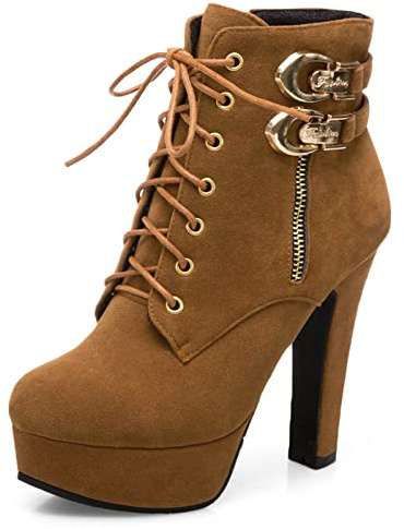 Viéctaa Bottines Femme à Lacets Talon Haut Boots Hiver Sexy Plateforme Suède Chaussures Soirée Marron 36
