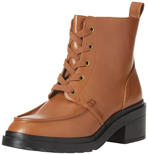 Amazon Essentials Women's Lace Up Moc Toe Combat Boots with Chunky Heel, Black Oxblood, Black Tan, 7