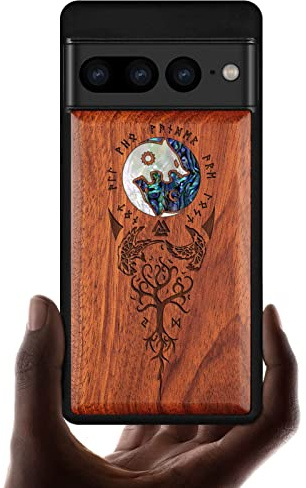 Carveit Designer Wooden Case for Google Pixel 7 Pro Case Cover [Wood Engraving & Shell Inlay] Unique Wood Phone Case Compatible with Wireless Chargers Pixel 7 Pro Case (Yin Yang Wolf-Rosy)