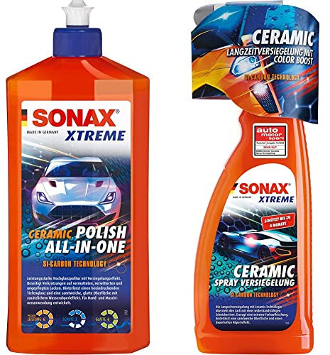 SONAX XTREME Ceramic Polish All-in-One (500 ml) beseitigt Verkratzungen & XTREME Ceramic SprayVersiegelung (750ml) überzieht den Lack mit einer Schutzbarriere, schützt vor Schmutz & Insekten