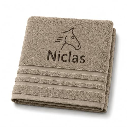 Pet-Jos Personalisiertes Handtuch mit Namen Schön gestickter Sport Name Handbadetuch 100% Baumwollhandtuch Sportliche Motive Personalized Custom Towel with Name (140 x 70 cm, Pferd)