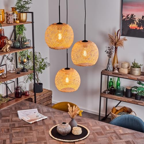 HOFSTEIN Hängeleuchte Bauro, Hängelampe aus Metall/Bambus in Schwarz/Natur, Pendelleuchte im Boho/skandinavischen Desgin mit Lichteffekt, Ø 25 cm, 3xE27, Höhe max. 146 cm, Esszimmer, Küche, Wohnzimmer