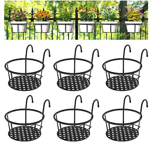 CADANI Eisen Hängender Pflanzenhalter über der Schiene Metall Zaun Pflanzgefäße Hängende Eimer Blumentopf Halter für Terrasse Balkon Outdoor Pflanzen - 6 Stück (Schwarz)