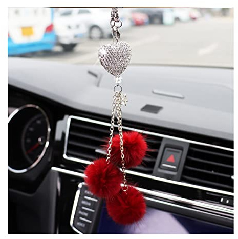 JNNJ Diamant Herz-Rückspiegel-Zubehör, Bling Kristall Auto Universal Anhänger Charms, Auto Crystal Innenausstattung Dekoration Feder Ornament für Frauen(Weinrot)