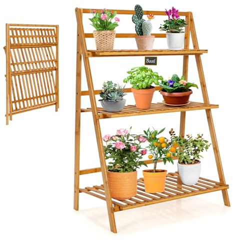 HOMASIS Pflanzregal mit 3 Ebenen, Faltbares Blumenregal, Bambus-Pflanzenständer Outdoor Indoor, Leiterregal für Garten Balkon Terrasse Patio, 70 x 38 x 95,5 cm, Natur