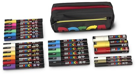 POSCA - Acrylmarker Set XXL 24 Stifte mit Bauchtasche | Acrylmarker mit PC-1MC, PC-3M, PC-5M & PC-8K Spitzen