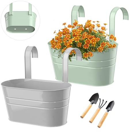 IHONYI 2PCS Metal Hanging Plant Pots, Fence Hanging Planters, Iron Balcony Planter Pots With Double Detachable Hook & Tools, Colorful Hang Plant Pots Outdoor Balcony Garden (Green+Grey)
