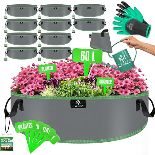 KESSER® Pflanzsack 60 Liter - 10er Set | Pflanzsäcke aus Vlies-Stoff inkl. Schildchen & Gartenhandschuhe | Kartoffel-Pflanztasche mit Fenster & Griffen | Pflanzbeutel für Gemüse Blumen Früchte Grau