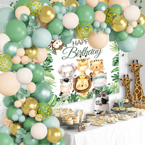Green Gold Balloon Arch Kit, Animal Birthday Party Decorations With Balloons and Backdrop Cloth for Girls Boys Jungle Theme