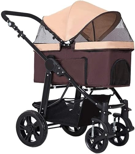 Haustier-Buggy für Hunde und Katzen, Premium-Hundebuggys für kleine, mittelgroße und große Hunde, Katzenbuggy für 2 Katzen, Eva-Vollreifen, atmungsaktiv (grau) (Kaffee)