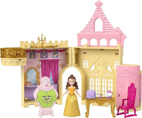 Mattel Disney Princess Belle Storytime Stackers Puppenhaus Spielset | Bewegliche kleine Belle Puppe mit abnehmbarem Rock, 4 Freunde und 4 Zubehörteile, inspiriert von Disney, JDP54