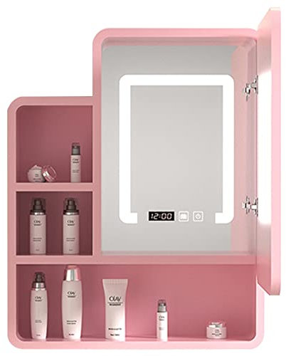 GLMGBP Medizinschrank Badezimmerspiegelschrank Massivholz versteckter Spind mit LED-Licht intelligenter Antibeschlag-Badezimmerspiegel mit Ablage rosa an der Wand montierter Schminktisch-Spiegelkas