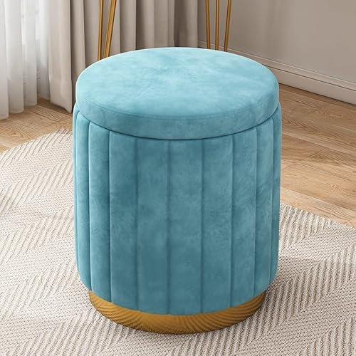 Poggiapiedi rotondo con contenitore e gambe in metallo, per camera da letto e soggiorno, sgabello basso colorato giallo/blu