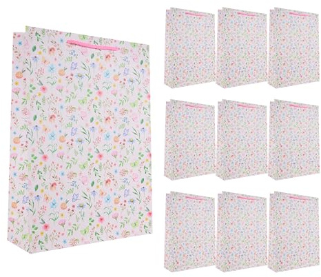 Idena 90238 - Geschenktüten Blumen, 10 Stück, Geschenktaschen in der Größe 25 x 34,5 x 8,5 cm, rosa Papiertüten mit bunten Blumen