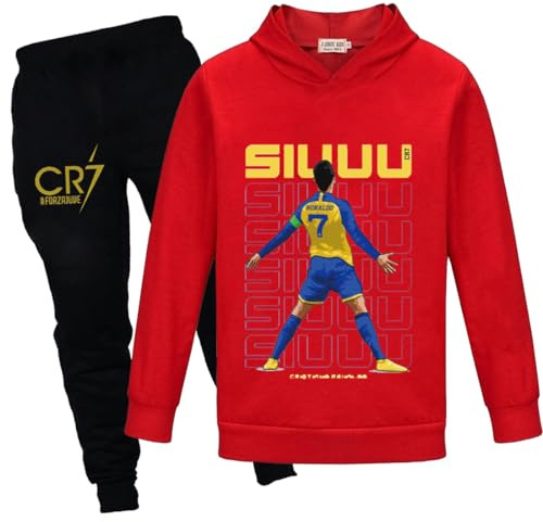 Temolie Barn Träningsoveraller huvtröja och joggingbyxor 2-delar pojkar flickor vardaglig fotboll tryck kläder sweatshirt set 4-13 år träningsoverall kläder, Röd, 4-5 år