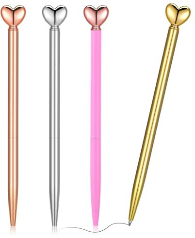 YUXIANLB 4 bolígrafos en forma de corazón, bolígrafo decorativo de metal retráctil, bolígrafos de tinta negra de 0.039 pulgadas a granel, bonitos regalos para mujeres, escuela, oficina, boda