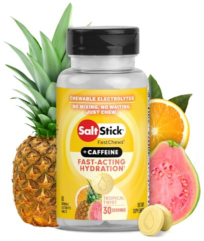 SaltStick Electrolyte FastChews with Caffeine - 60 Tropical Twist Chewable Salt Tablets for Running and Hydration, Electrolyte Chews - 60 Count