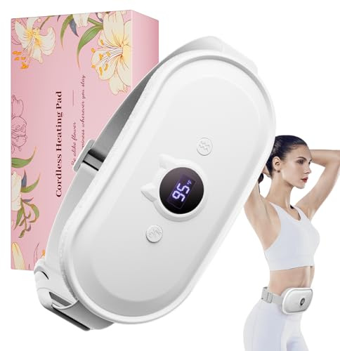 Portable Heating Pad for Period Cramps Relief Vibrating Menstrual Heating Belt for Women, Rechargeable Fast Heat with 7 Heat Levels and 7 Modes for Menstrual, Pain Relief for Back & Stomach - White