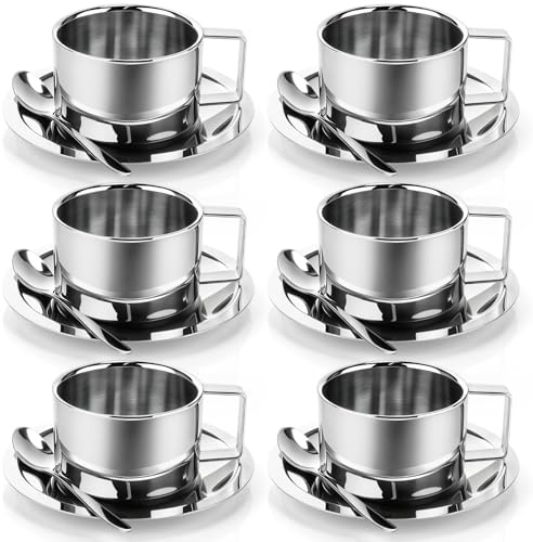 Acellegic 6 Pack Stainless Steel Coffee Cups Set, 7oz Insulated Espresso Cups with Spoon and Saucer, Double Walled Coffee Mugs for Latte, Tea, Milk, Cappuccino