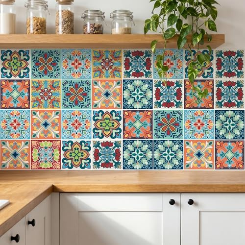 meihea 30 Pack, 4x4 Inch Colorful Bohemian Tile Stickers, Peel and Stick Patchwork Vinyl for Backsplash, Stairs & Furniture