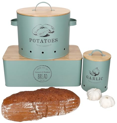 MamboCat Lot de 3 boîtes de conservation Fresh I 1 boîte à pain, 1 pot à pommes de terre et 1 pot à ail I Boîte en métal ventilée avec couvercle en bambou et inscription I Pour le rangement et le