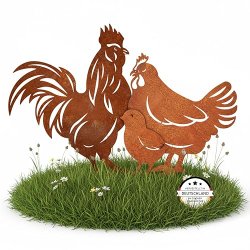 EXTRAVAGANT® Gartenstecker Huhn Hahn Küken 3er Set Edelrost Gartendeko Metall wetterfest Rostdeko Landhaus Garten Handmade Geschenkidee