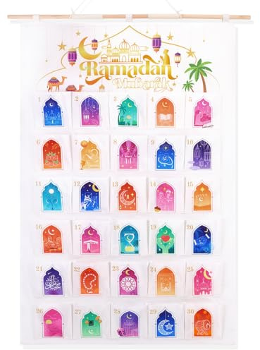 HOWAF Ramadan Kalender zum Befüllen 2026, Ramadan Adventskalender als Wandkalender aus Stoff, Wiederverwendbar Ramazan Kalender zum Aufhängen Stoffbeutel Eid Mubarak Ramadan Mubarak Deko, Set D