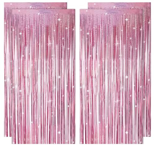 4 Stück Lametta Vorhang Rosa 1 m x 2 m Glitzer Vorhang Geburtstag | Neon Luftschlangen,Glitzervorhang Lametta für Geburtstagsdeko,Deko Silvester,Hochzeitsfoto,90er Disco Party Deko