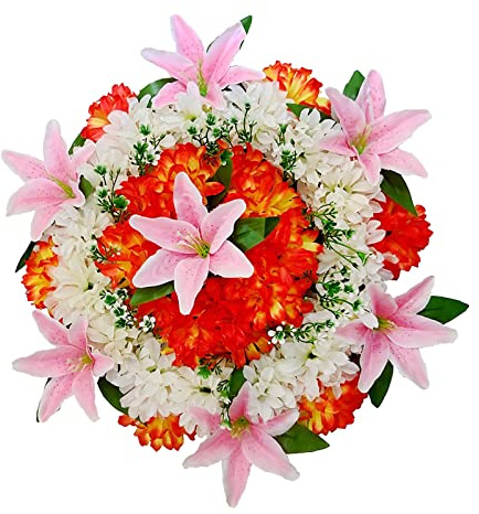 Fictory Künstlicher Blumenkranz, Seiden-Chrysantheme und Lilien-Gedenkkranz, 50 cm Friedhofskranz für Grabdekoration, rosa Blumenarrangement mit Kunststoffsockel für dauerhafte Hommage