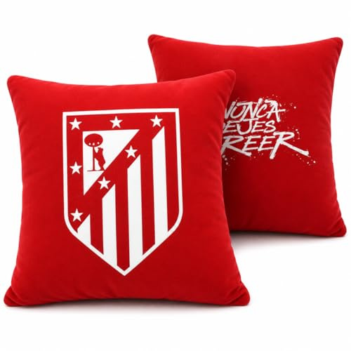 Grupo Moya Cojín Atlético de Madrid 40x40 cm Doble Cara – CojIn Atletico con Escudo Oficial y Nunca Dejes de Creer | Regalo Aficionados Colchoneros, Merchandising Atlético de Madrid