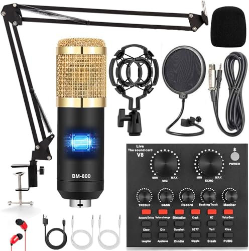 ALPOWL Ensemble d'équipement de Podcast, Interface Audio avec Carte Son en Direct Tout-en-Un et Microphone à condensateur, Parfait pour l'enregistrement, la Diffusion, la Diffusion en Direct (Or)