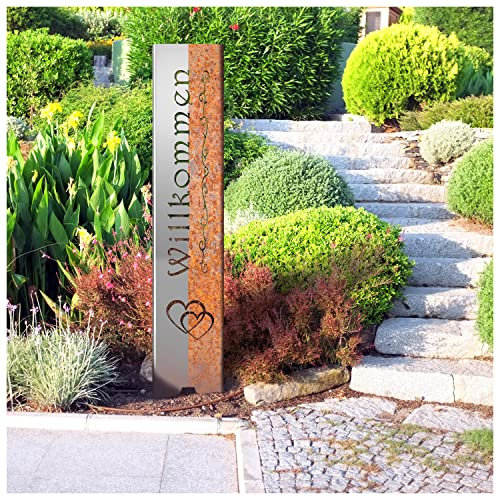 tuning-art EW100 Gartenstecker Gartenschild Willkommen | Edelrost Garten Deko | Abkantung | 120cm x 21cm, Motiv:Traditionell