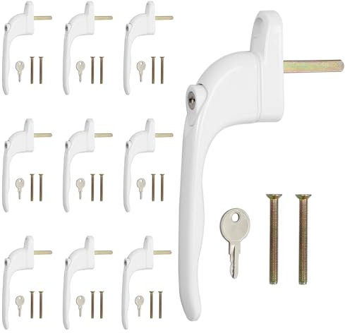 GETLITOOL 10Pcs Lockable Window Handle, Universal White UPVC Window Handle 43mm Spindle, Inline Espag Window Handle Locking with 10 Keys for UPVC Window, Double Glazing Windows