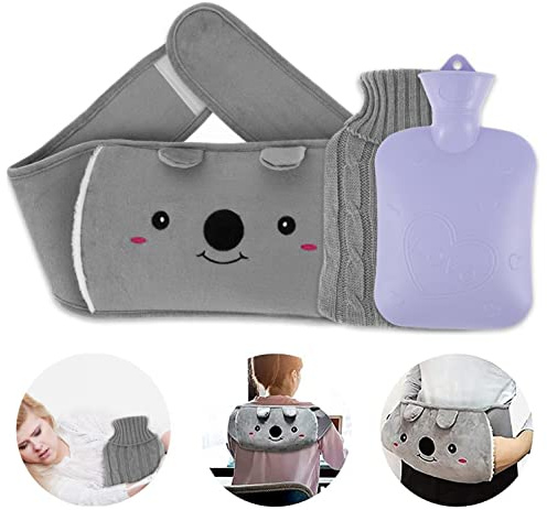 Hot Water Bottle with 2 Pack Waist Cover, 1L Wearable hot Water Bottle, with Soft Grey Plush Waist Belt for Hand Waist Warmer Neck Shoulder Hand Warm Relieve Fatigue Pain
