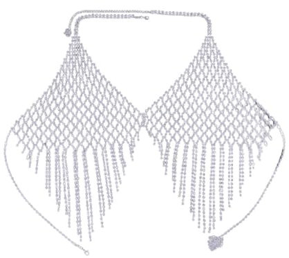 Körperkette Brustkette Glitzernde Strassfransen-BH-Kette Kristall-Bikini-Brust-Schmuck-Dessous Body Chain Frau Sexy Nachtclub-Kleidung (Silber)
