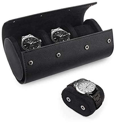 gramiibeau Uhrenrolle Uhrenbox 3 Uhren Schwarz, PU Leder Tragbare Zylindrische Uhren-Aufbewahrungsbox mit Samt-Innenfutter, Uhrengehäuse für Männer und Frauen, 23x10x7.5 CM