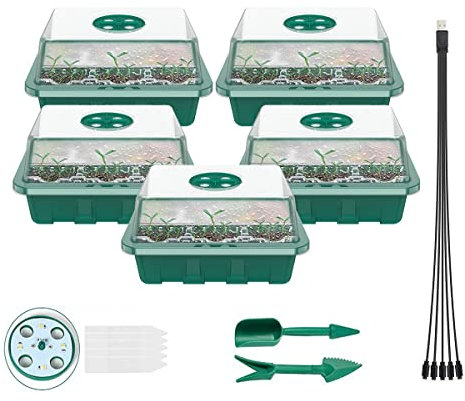 5 PièCes Mini Serre Chauffante pour Semis, Serre IntéRieure PéPinièRe avec Couvercle et Ventilation, Humidité RéGlable Plateau Bac a Semis, 12 Cellules Par Plateau, pour La Croissance Des (Color:vert)