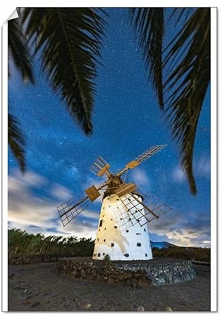robertharding Palm Trees Frame Windmill Under Milky Way, El Cotillo Print - Poster Print A2 (59.4 x 42cm) (24188479)