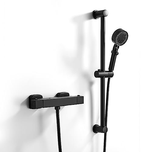 kisimixer Duscharmatur mit Thermostat Set Schwarz, Duschthermostat Mischbatterie Wandmontage mit Brausegarnitur 635mm | Handbrause | 1.5m Schlauch | Thermostat Dusche Set mit 38 °C Sicherheitstaste