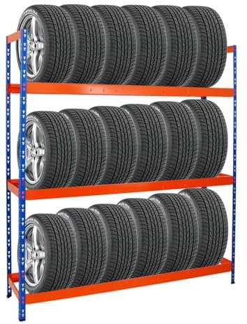 PROREGAL Étagère à pneus Tiger XL | HxLxP 200x180x45cm | Charge Max. 300kg | Jusqu'à 21 pneus | Bleu/Orange | Porte-Pneu, Rack à pneus, rayonnage, Stockage, Rangement, Support, Atelier, Garage