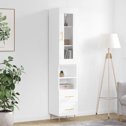 Higsose Sideboard 34,5x34x180cm Weiß Holzwerkstoff,Metall,Glas Fernsehschrank Küchenschränke Badezimmer Schrank Schuhregal Schmal Wohnzimmer Möbel Vorratsschrank Allzweckschrank Barschrank