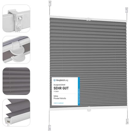 Sekey Plissee ohne Bohren Verdunkelung, Fenster Plissee Klemmfix Jalousie 40 cm breit, Verspannt Blickdicht Sonnenschutz Fensterollo, 40x120cm, Dunkelgrau