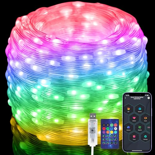 Electight Ghirlanda di luci multicolore RGB-IC da 20 m, con app e telecomando, oltre 99 modalità dimmerabili, alimentate tramite USB e impermeabili, luci natalizie per Halloween, per interni ed