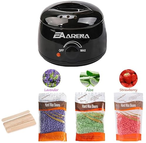 Professional Hair Removal Warmer With Wax Bowl Kit - 3 Bags Beads and Applicator Sticks for Full Body at Home Machine (Lavender+Strawberry+Aloe Black)
