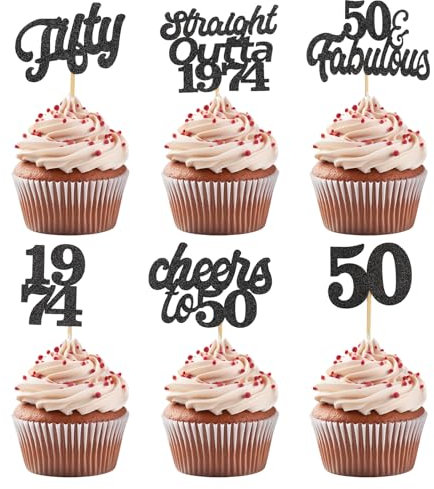 ALEGRE Straight Outta 1974 Cupcake Topper 50 Geburtstag Tortendeko Schwarz,24 Stück Tortendeko 50. Geburtstag Mann Frau,Glitzer Muffin Deko Geburtstag 50,Geburtstagsdeko 50 von 1974
