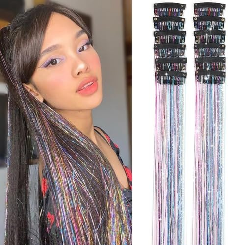 PORSMEER 12 Pcs Haar Flitter Clip in Hair Tinsel 20 Zoll 50 cm bunte Glitter Flitter Haarverlängerungen Flitter Fee Haar Party Dazzle Haar Zubehör Stränge für Frauen Mädchen(Regenbogen)